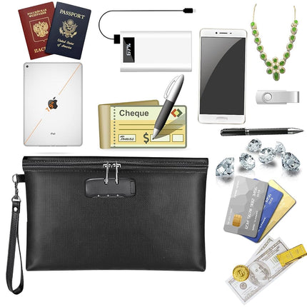 Fireproof Money Bag with Lock, ZOOPIP 11.2"x7.6" Fireproof Cash Bag with Zipper Closure, Storage Pouch for A5 Size Document, Cheque, Cash, Cell Phone, Tablet, Credit Card, Passport, Jewelry (Black)