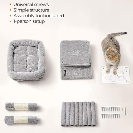 Feandrea Cat Tree Tower, 67 cm, S, Condo for Kittens up to 7 lb, Large Perch, 2 Caves, Scratching Post, Light Gray UPCT611W01