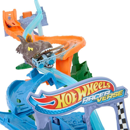 Hot Wheels Toy Car Track Set, RacerVerse Jurassic World Crash & Splash Playset with Die-Cast Velociraptor Vehicle, Dinosaur Race with Spinosaurus