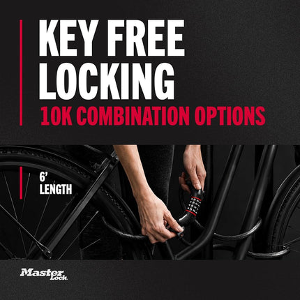 Master Lock Cable Lock, Set Your Own Combination Bike Lock, 6 ft. Long, Black, 8122D