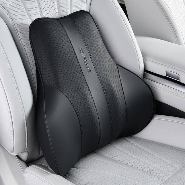 Coverado Lumbar Support Pillow for Car, Ergonomic Memory Foam Back Pillow for Office Chair, New Back Cushion for Pain Relief, PU Leather Car Lumbar Support for Driving Seat - BK
