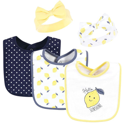 Hudson Baby Unisex Baby Cotton Bib and Headband or Caps Set, Navy Lemon, One Size