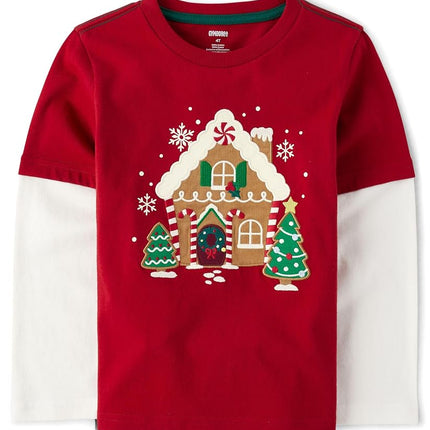 Gymboree Boys and Toddler Embroidered Graphic Long Sleeve Layered T-Shirts, Red Gingerbread House, 5T