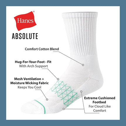 Hanes Men's Crew Socks Pack, 4-Pair Pack, Absolute Active Moisture Wicking, Seamless Toe, Cushioned