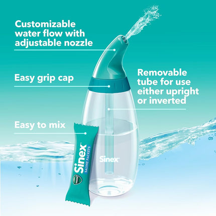 Kit de démarrage Vicks Sinex Saline pour irrigation nasale, solution saline sans médicament, élimine le mucus et les allergènes, soulagement rapide et efficace de la congestion quotidienne due aux sinus et aux allergies, 1 flacon + 30 sachets de recharge.