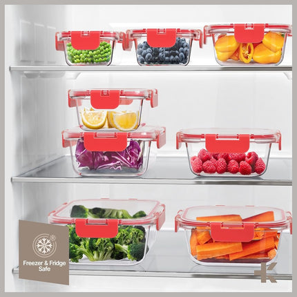 Red Borosilicate Glass Food Storage Containers with Lids 24 Pieces, Food-grade, BPA-Free Stackable Glass Lunch & Leftover Containers, Microwave, Freezer & Dishwasher Safe, Airtight Leak-Proof
