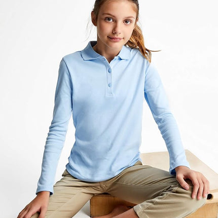 Polo de manga larga interlock para niñas French Toast con cuello picot, azul claro, 10-12 Plus