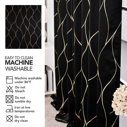 Deconovo Cortinas Opacas con Aislamiento Térmico y Estampado de Ondas Doradas para Oscurecer Habitaciones, Paneles Eficientes Energéticamente, Cortinas con Ojales para Puertas Corredizas de Vidrio, 52W x 96L Pulgadas, 2 Paneles, Negro