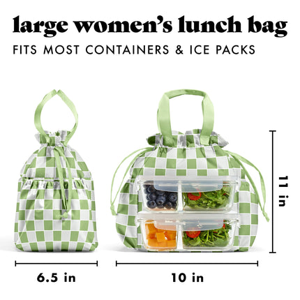 Fit & Fresh Cromwell Drawstring Lunch Bag for Women, Complete Lunch Set with 2 Containers, Stain-Resistant, Leak-Resistant, Back to School Essential, Teacher Lunchbox, Pistachio Checker Board