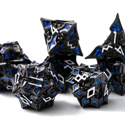 Metal Dice for DND - Spire Sanctum Series (Black Matte Blue Glitter)