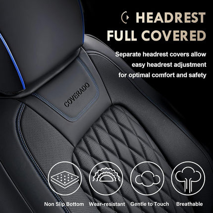 Coverado Leather Ford F150 Seat Covers Full Set, Automotive Seat Covers for Pick-up Truck, Waterproof Cushion Cover for 2015-2025 F150 and 2017-2025 F250 F350 F450 (Blue line)
