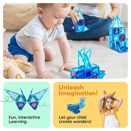 PicassoTiles 71pc Mini Diamond Series Winter Ice Theme Magnetic Tile Building Blocks 2 Character Action Figures Travel Size On-The-Go Magnet Construction Toy Set STEM Development Kit Ages 3+ PTM71
