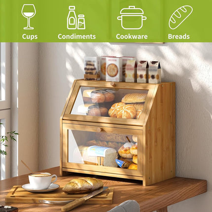 BMOSU Bread Box With Cutting Board - Kitchen Storage Organizer, Farmhouse Countertop Double Bamboo Wood Box (Natural)