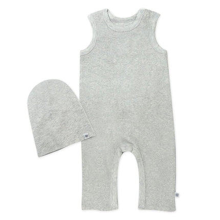 Ensemble combinaison sans manches côtelée et bonnet HonestBaby en coton biologique pour bébés garçons, filles, gris chiné clair, 12 mois, gris chiné clair (lot de 2), 12 mois