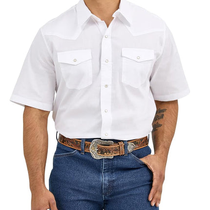 Wrangler Men's Sport Western Basic Two Pocket Short Sleeve Snap Shirt, White, XL Tall