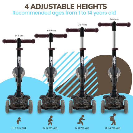 Hurtle 3 Wheeled Scooter for Kids - Tri Scooter, Stand & Cruise Child/Toddlers Toy Folding Kick Scooters w/Adjustable Height, Anti-Slip Deck, Flashing Wheel Lights, for Boys/Girls 2-12 Year Old