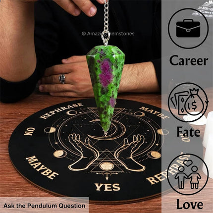 Ruby Zoisite Crystal Pendulum for Divination - Dowsing Pendulum with Chain and Crystal Ball for Reiki Healing and Crystal Grid Meditation