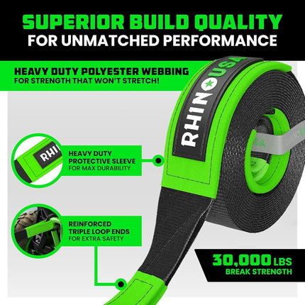 Rhino USA Tow Strap (7.6 cm x 6.1 m) - 13,600 kg Heavy Duty Tow Rope