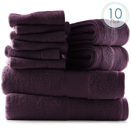 Hearth & Harbor 100% Ring Spun Cotton Bath Towels for bathroom - Luxury Bathroom Towels - Soft & Highly Absorbent Bath Towels Set, 10 Piece Set (2 Bath Towels, 2 Hand Towels, 6 Washcloths) - Purple