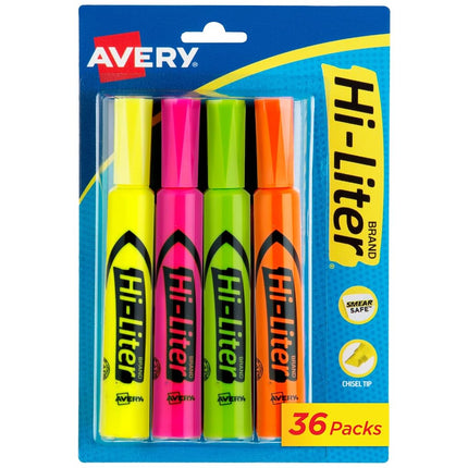 Surligneurs de bureau AVERY HI-LITER, couleurs assorties, boîte de 36 (24063)