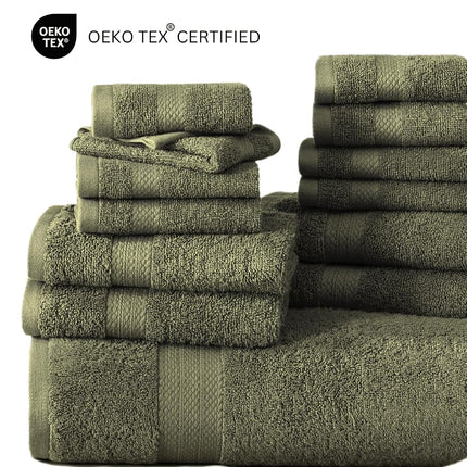 LANE LINEN Cotton Bath Towels for Bathroom - 18 PC 100% Cotton Towels - 4 Bathroom Towel Set, 6 Hand Towels for Bathroom, 8 Washcloths, Soft Turkish Towel Sets for Bathroom, Travel Towel - Oil Green