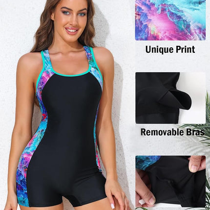 beautyin Swimsuit Women Boyleg One Piece Water Aerobic Competitive Bathing Suit, Multicolor Print, XXXL