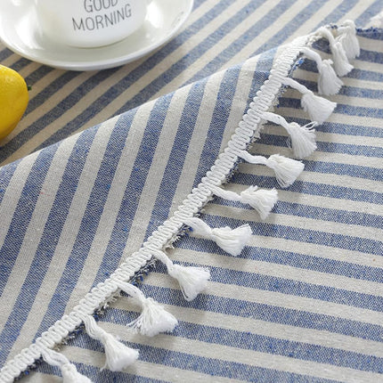 Meioro Round Tablecloth Stripe Tassel Table Cloth Cotton Linen Dust-Proof Table Cover for Dining, Parties, Holiday Indoor Outdoor Use (Blue/White Stripes, 39 Inch)
