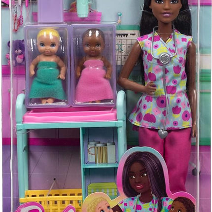 Barbie Careers Baby Doctor Playset with Brunette Doll Wearing Scrubs, 2 Baby Dolls, Examination Table & Accessories, JMK13