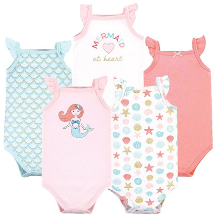 Hudson Baby Unisex Baby Cotton Sleeveless Bodysuits, Coral Mint Mermaid, 3-6 Months