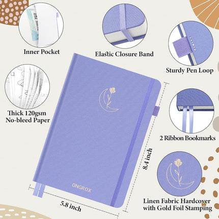 ONGROX Premade Bullet Style Notebook with Hand-Drawn Pages, Dotted Journal with Unique Pre-Made Bullet Templates, Undated Planner with Weekly Spreads & Monthly Themes, 12 Months, A5 Linen Hardcover