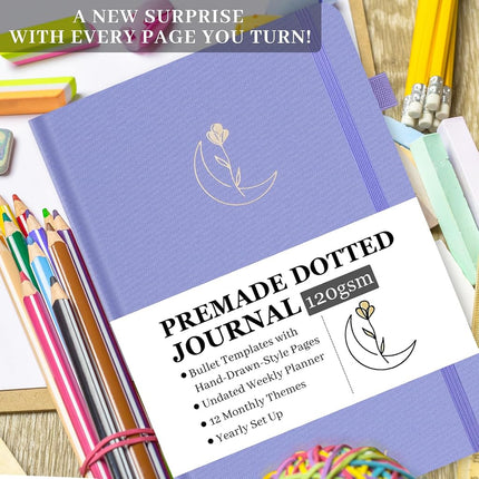 ONGROX Premade Bullet Style Notebook with Hand-Drawn Pages, Dotted Journal with Unique Pre-Made Bullet Templates, Undated Planner with Weekly Spreads & Monthly Themes, 12 Months, A5 Linen Hardcover