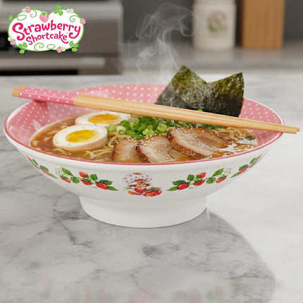 Silver Buffalo Strawberry Shortcake Vintage Berries and Polka Dots 30oz Ceramic Ramen Bowl with Chopsticks
