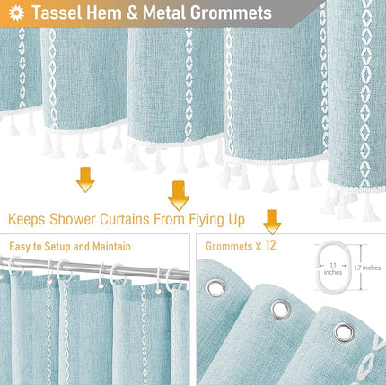BTTN 72x78 Long Boho Farmhouse Linen Heavy Duty Shower Curtain, Fog Blue