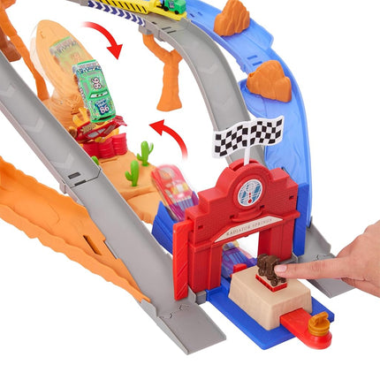 Mattel Disney and Pixar Cars Toy Playset, Lightning McQueen & Chicks Hicks & 2 Pitty Crew Vehicles, 2 Ways to Race, Race & Rescue Rescue Road Raceway, JFL57