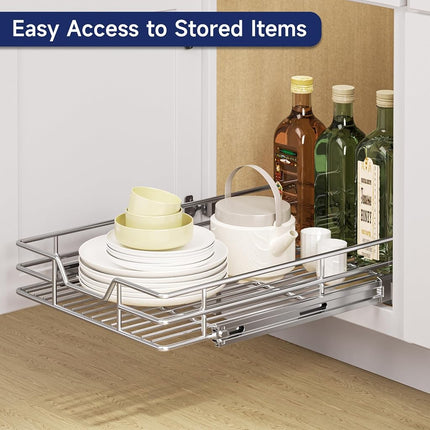 LUXEYARD Pull Out Cabinet Organizer, 14.5" W x 21.5" D, Heavy Duty Chrome Slide Out Shelf for Base Cabinets, Sliding Wire Basket Drawer for Pantry Items, Bowls, Containers & Cleaning Supplies