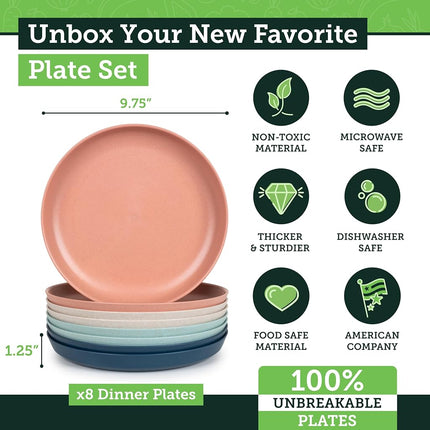 Grow Forward Premium Wheat Straw Plates - 10 Inch Reusable Hard Plastic Dinner Plates Set of 8 - Unbreakable Microwave Safe Plates for Dessert, Camping, RV, Outdoors, Patio, Kitchen Dishes - Tropical