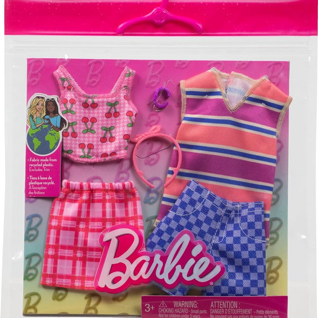 Barbie & Ken Fashions 2-Pack Clothing & Accessories Set, 1 Cheetah-Print Dress & Bracelet for Barbie Doll & 1 Shirt & Shorts Outfit with Sunglasses for Ken Doll