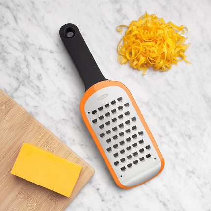 OXO Good Grips Etched Coarse Grater, Sharp Stainless Steel Blade for Cheese, Vegetables and More, Non-Slip Foot, Comfortable Soft Handle, Snap-On Cover, Handheld Kitchen Grater