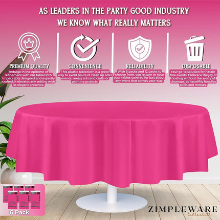 ZIMPLEWARE Premium Hot Pink Plastic Table Cloth Disposable (6 Pack) Round Tablecloth (84in) Party Table Cloths Disposable, Perfect Table Cloth Round Cover for Any Table Up to 6 Feet