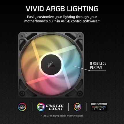 CORSAIR RS120-R ARGB 120mm PWM Reverse Flow Fan - +5V ARGB Connections, 8 RGB LED, High Pressure, Daisy Chain, Magnetic Bearing, Zero RPM, Pack of 3 - Black