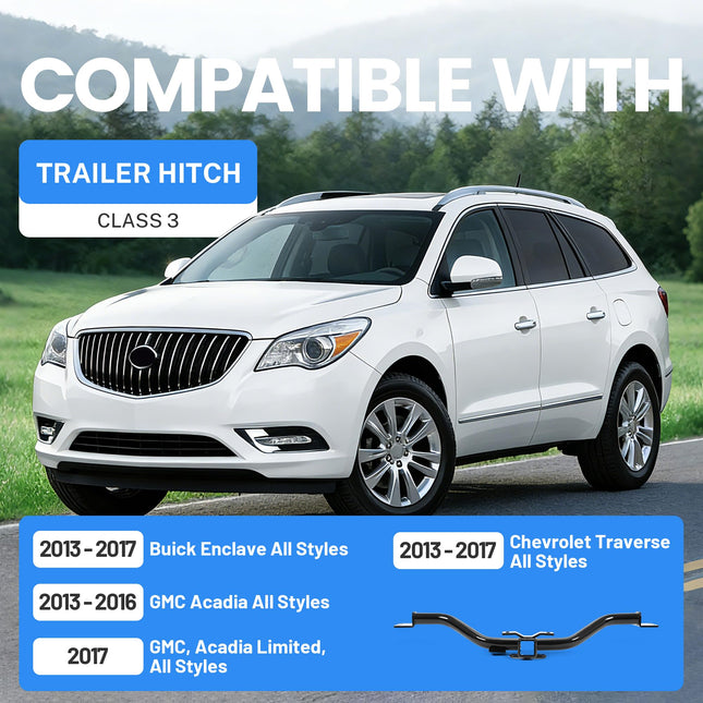 Enganche de remolque ECOTRIC Clase 3 compatible con Chevy Chevrolet Traverse 2013-2017, Buick Enclave, GMC Acadia, con receptor de 2 pulgadas, acero con recubrimiento en polvo negro, capacidad de 5000 lb.