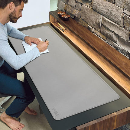 Desk Mat on top of Desks, Vyaaa 140 x 60cm PU Leather Desk Mat, Large Desk Blotter Pad for Office, Home, Gaming, Computer, Laptop, Keyboard and Mouse - Light Gray