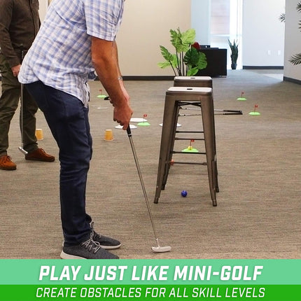 GoSports Pure Putt Challenge, Construye tu propio campo en casa, en la oficina o en el green, incluye 9 hoyos, 4 bolas, tarjeta de puntuación borrable en seco, bolsa de transporte y reglas