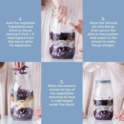 Kilner 3 Litre Fermentation Set Airtight Glass Jar with Silicone Lid, Air Lock, Ceramic Weights & Recipe, Booklet Ideal for Sauerkraut, Kimchi & Pickles