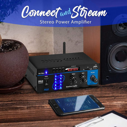 Home Audio Power Amplifier System - 2X75W Mini Dual Channel Sound Stereo Receiver Box w/ LED - For Amplified Speakers, CD Player, Theater via 3.5mm RCA - For Studio, Home Use - PYLE PCA3, Black, One Size