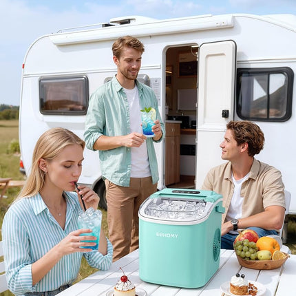 EUHOMY Countertop Ice Maker Machine with Handle, 26lbs Per Day, 9 Ice Cubes Ready in 6 Mins, Auto-Cleaning Portable Ice Maker with Basket and Scoop, for Home/Kitchen/Camping/RV (Green)