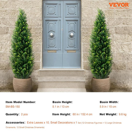 VEVOR Artificial Cedar Topiary Tree, 60 inch Tall (2 Pieces), with Extra Leaves & Pot Faux Evergreen Fake Pine Cypress Trees Plant, UV Rated Artificial Greenery Set for Home Decor Indoor/Outdoor