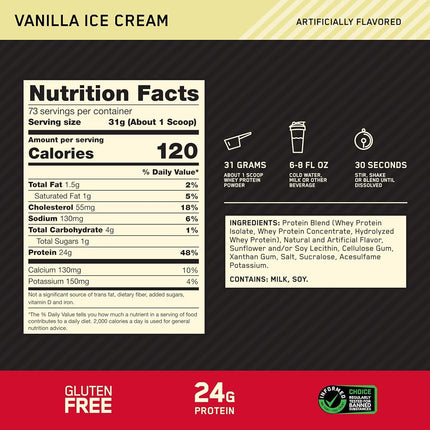 Optimum Nutrition Gold Standard 100% Whey Protein Powder, Vanilla Ice Cream, 2.27 Kilograms