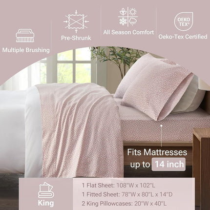 SLEEP PHILOSOPHY True North Cozy Flannel Warm 100% Cotton Sheet - Novelty Print Animals Stars Cute Ultra Soft Cold Weather Bedding Set, King, Blush Dots 4 Piece