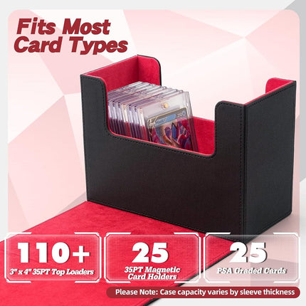 AWESOPAL Premium Graded Card Storage Box, PU Leather Case for PSA BGS Slabs, Toploader Holder for Trading & Sports Cards Fits 3” x 4” Rigid Cards (Black&Red)